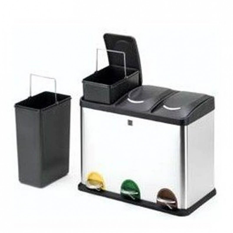 El cubo de reciclaje compacto de tres compartimentos ideal para